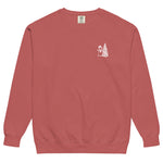 Snowman and Christmas tree design on a Crimson garment-dyed sweatshirt