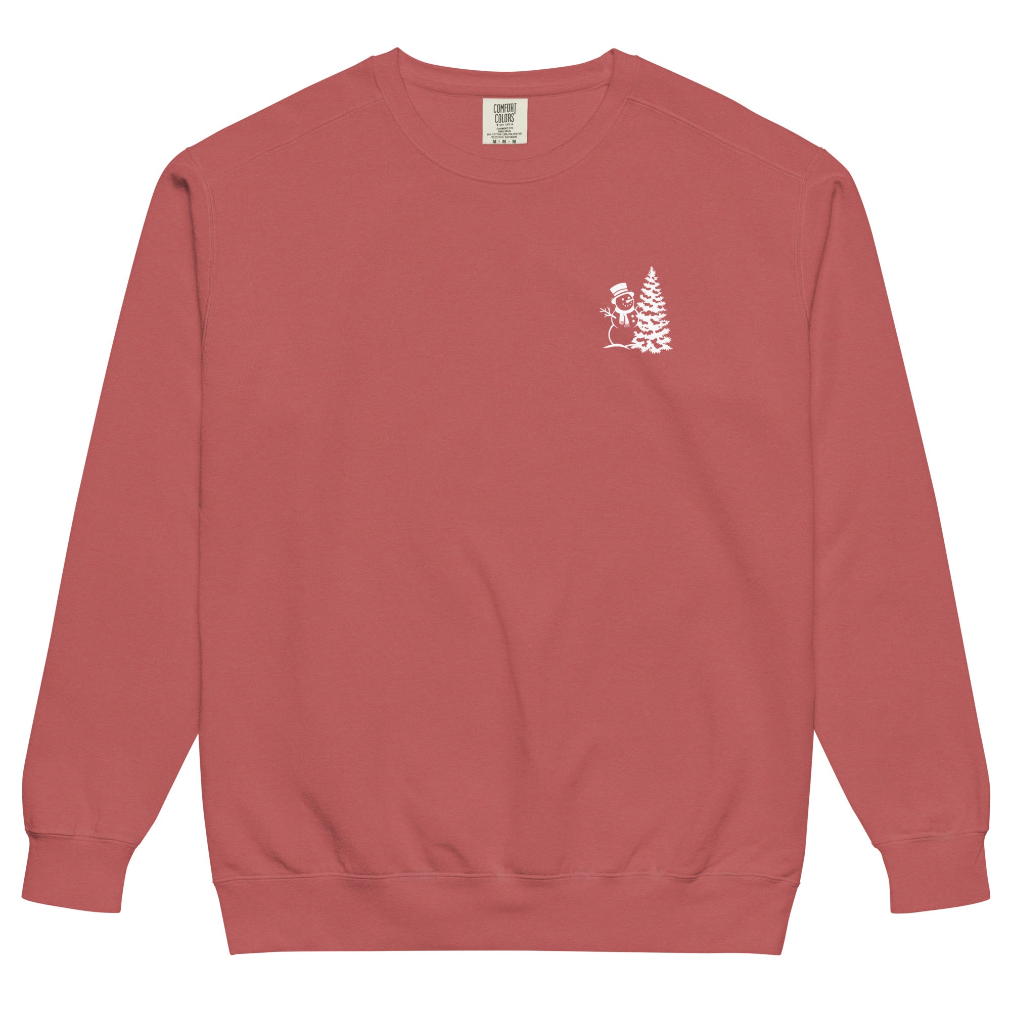 Snowman and Christmas tree design on a Crimson garment-dyed sweatshirt