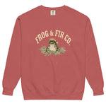 Toad and ferns badge design on a Crimson garment-dyed sweatshirt