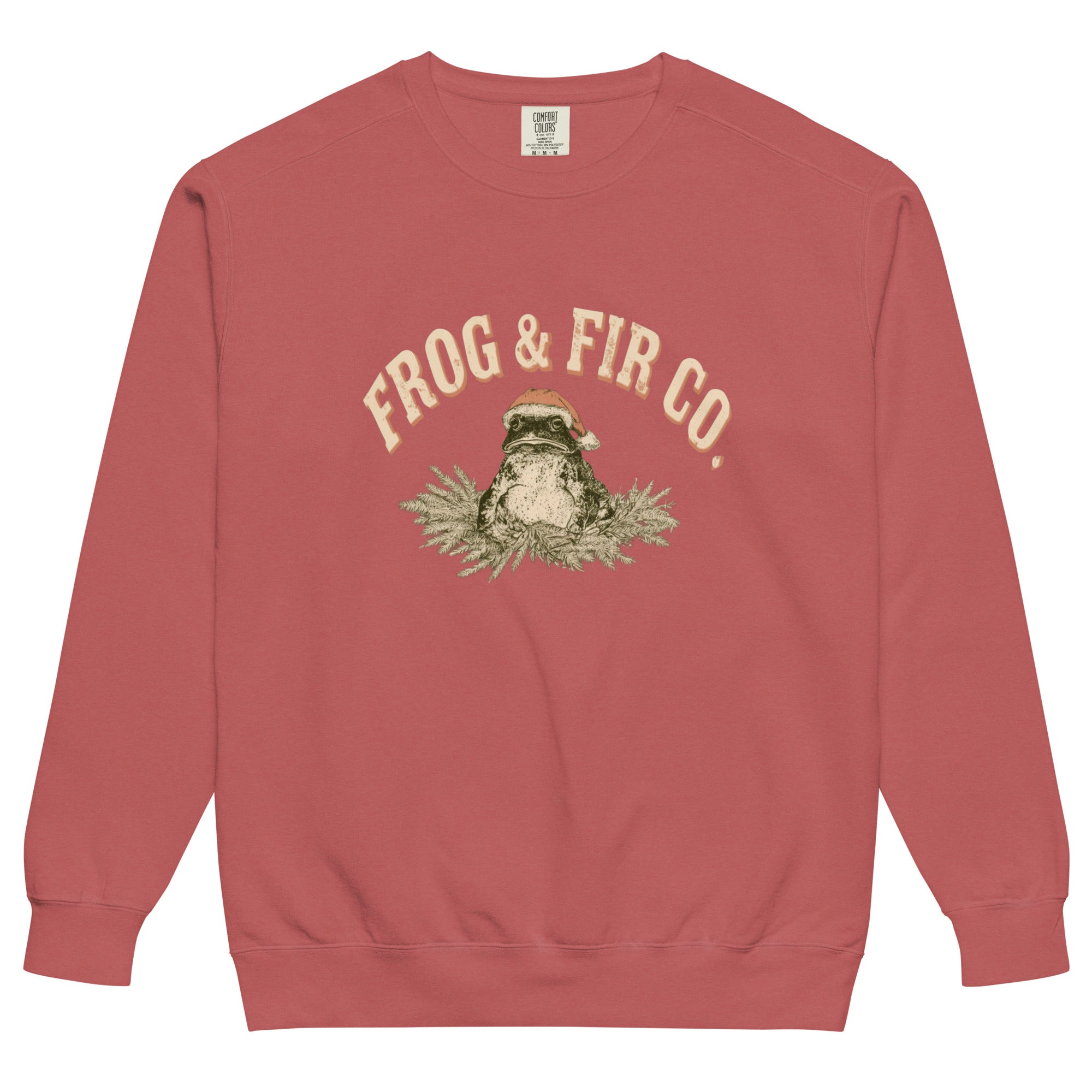 Toad and ferns badge design on a Crimson garment-dyed sweatshirt