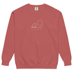 Frog and moon at a quiet pond design on a Crimson garment-dyed sweatshirt