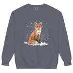 Red fox sitting in the snow design on a Denim garment-dyed sweatshirt