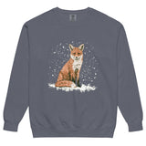 Red fox sitting in the snow design on a Denim garment-dyed sweatshirt