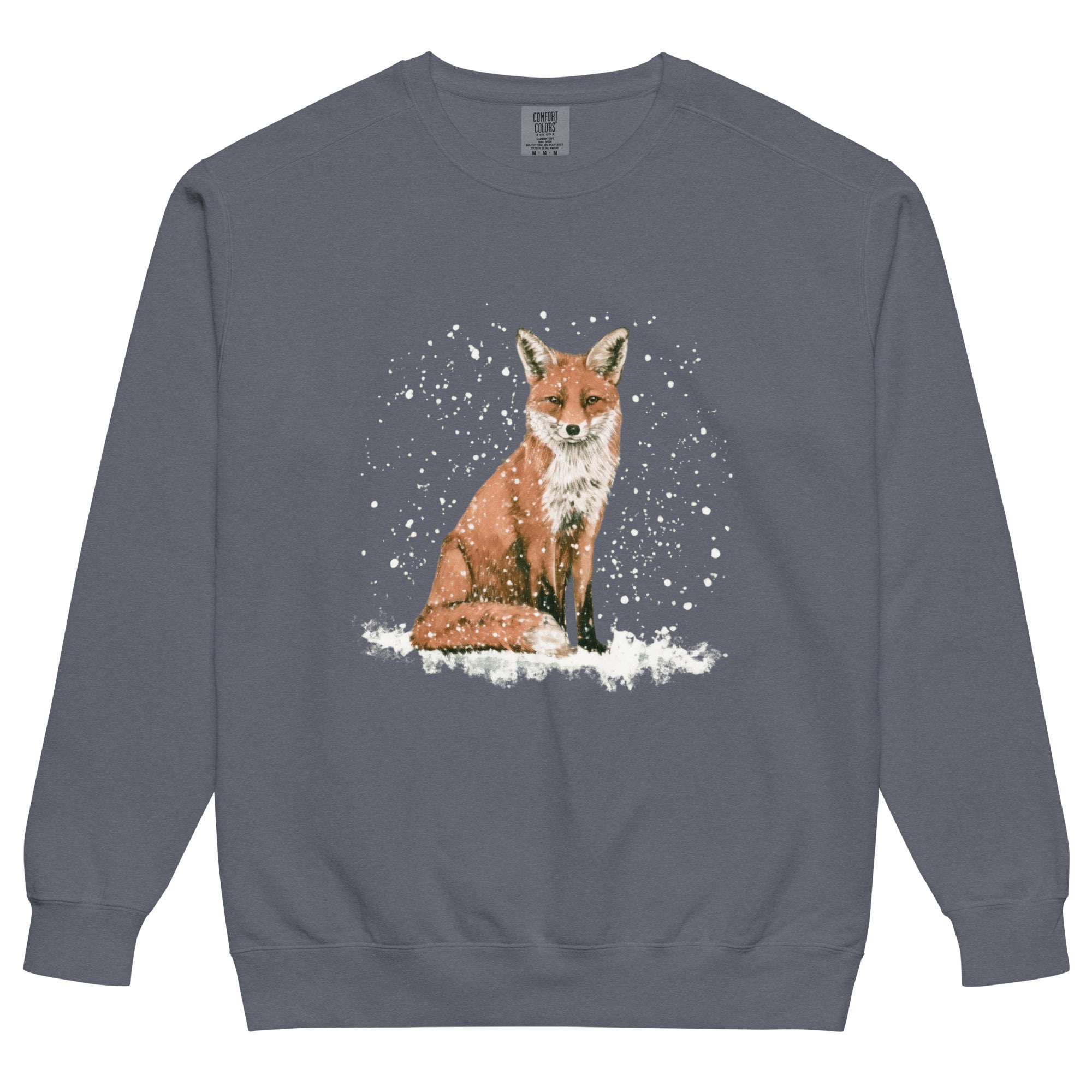 Red fox sitting in the snow design on a Denim garment-dyed sweatshirt