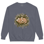 Fox asleep in a Christmas wreath design on a Denim garment-dyed sweatshirt