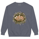 Fox asleep in a Christmas wreath design on a Denim garment-dyed sweatshirt