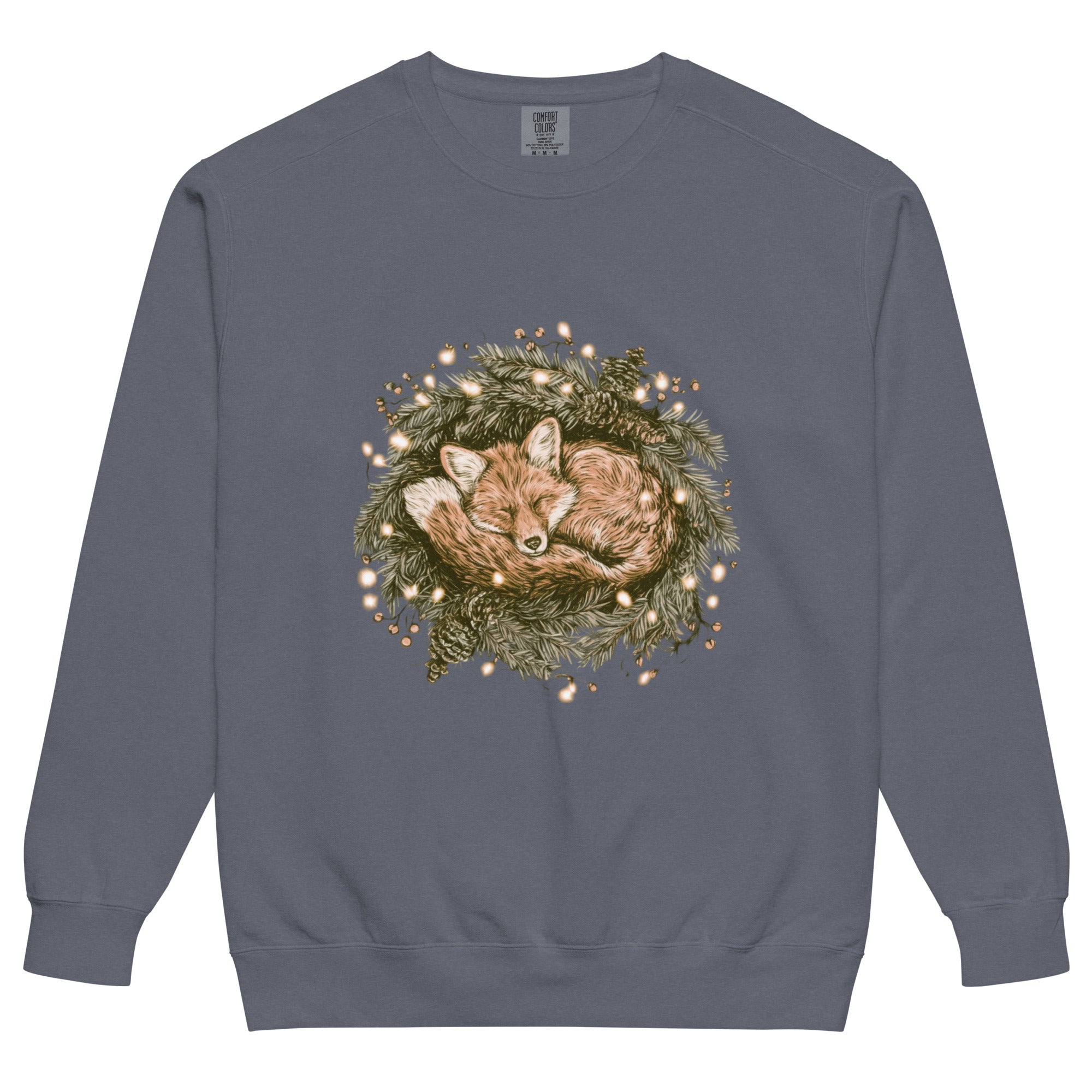 Fox asleep in a Christmas wreath design on a Denim garment-dyed sweatshirt
