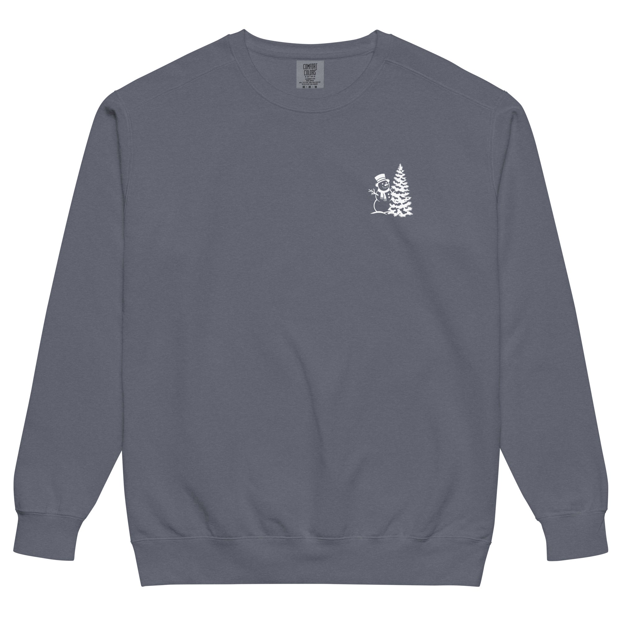 Snowman and Christmas tree design on a Denim garment-dyed sweatshirt