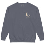 Sleepy fox in a crescent moon design on a Denim garment-dyed sweatshirt