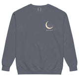 Sleepy fox in a crescent moon design on a Denim garment-dyed sweatshirt