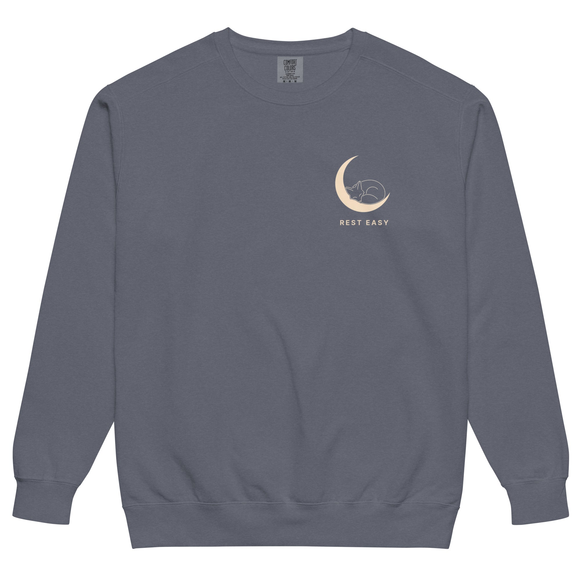 Sleepy fox in a crescent moon design on a Denim garment-dyed sweatshirt