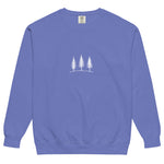 Three pine trees design on a Flo Blue garment-dyed sweatshirt