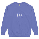 Three pine trees design on a Flo Blue garment-dyed sweatshirt