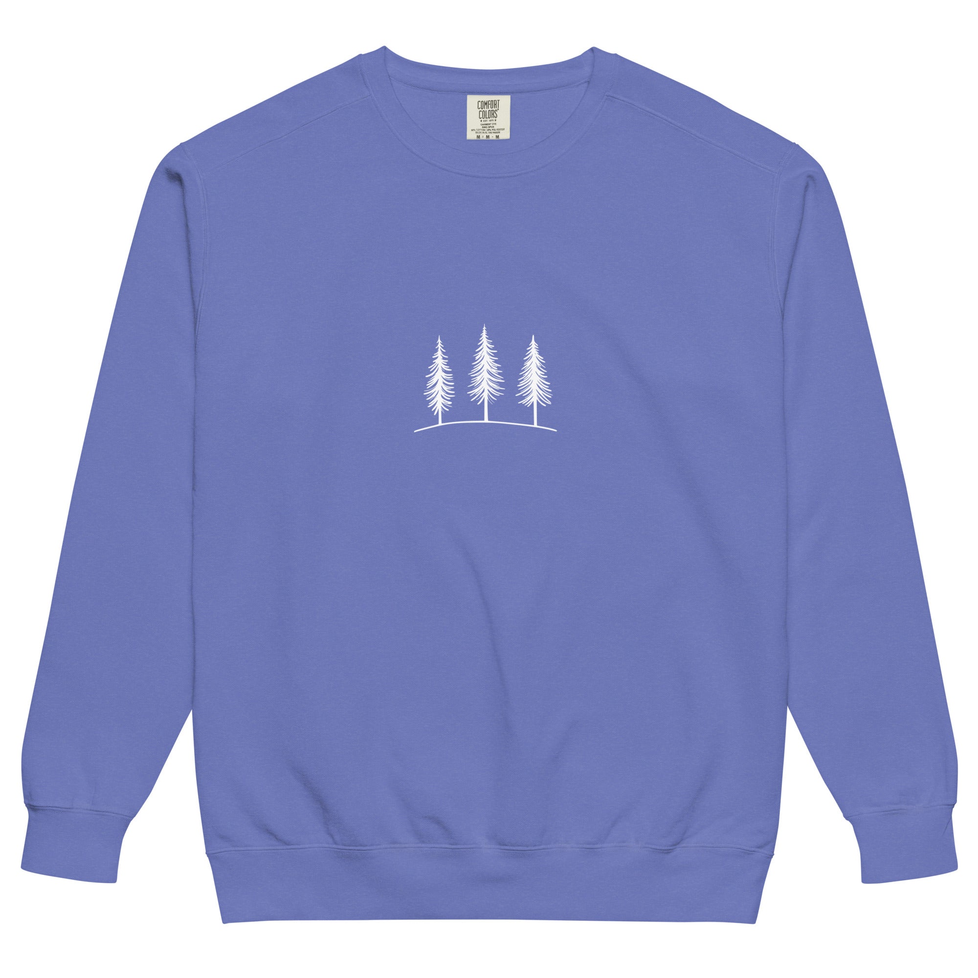 Three pine trees design on a Flo Blue garment-dyed sweatshirt