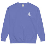 Snowman and Christmas tree design on a Flo Blue garment-dyed sweatshirt