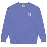 Snowman and Christmas tree design on a Flo Blue garment-dyed sweatshirt