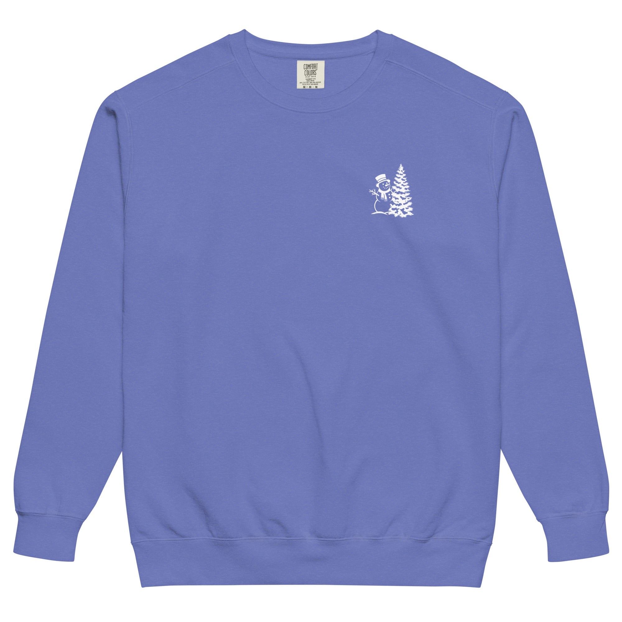 Snowman and Christmas tree design on a Flo Blue garment-dyed sweatshirt