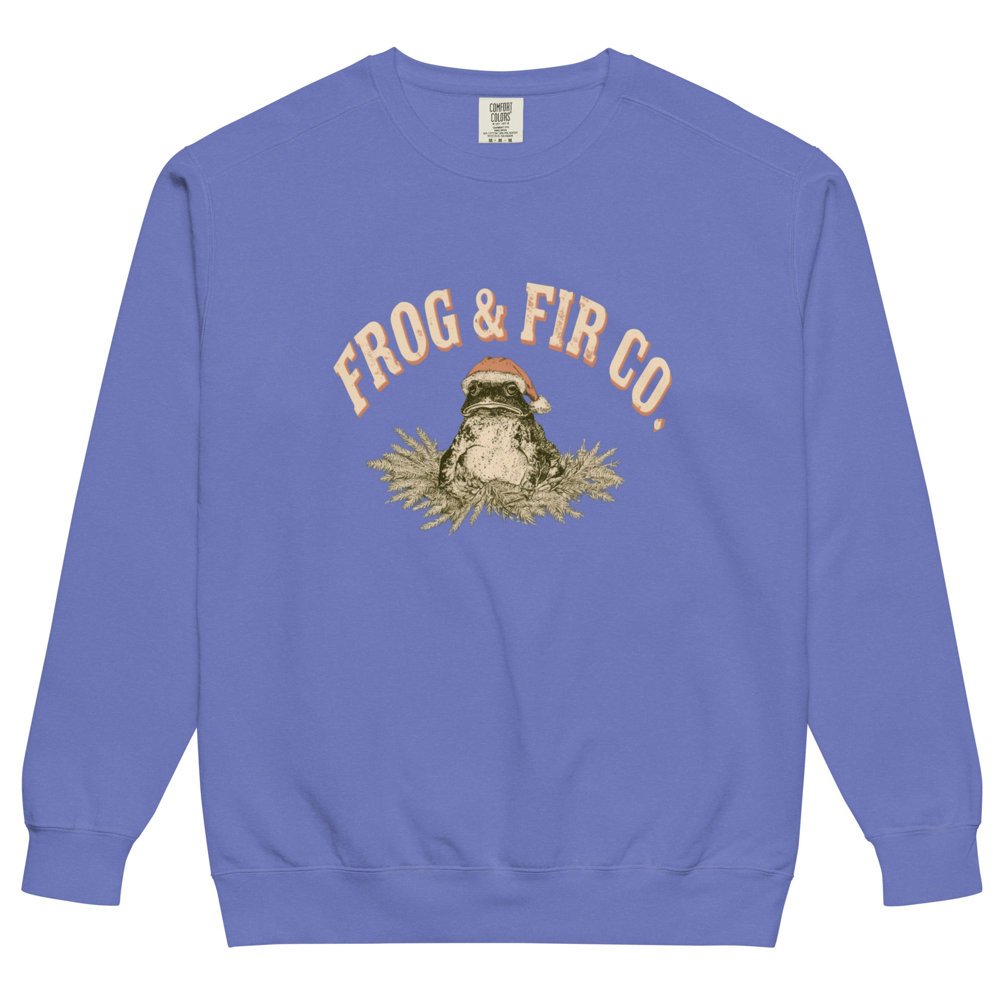 Toad and ferns badge design on a Flo Blue garment-dyed sweatshirt