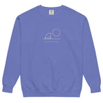 Frog and moon at a quiet pond design on a Flo Blue garment-dyed sweatshirt