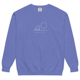 Frog and moon at a quiet pond design on a Flo Blue garment-dyed sweatshirt