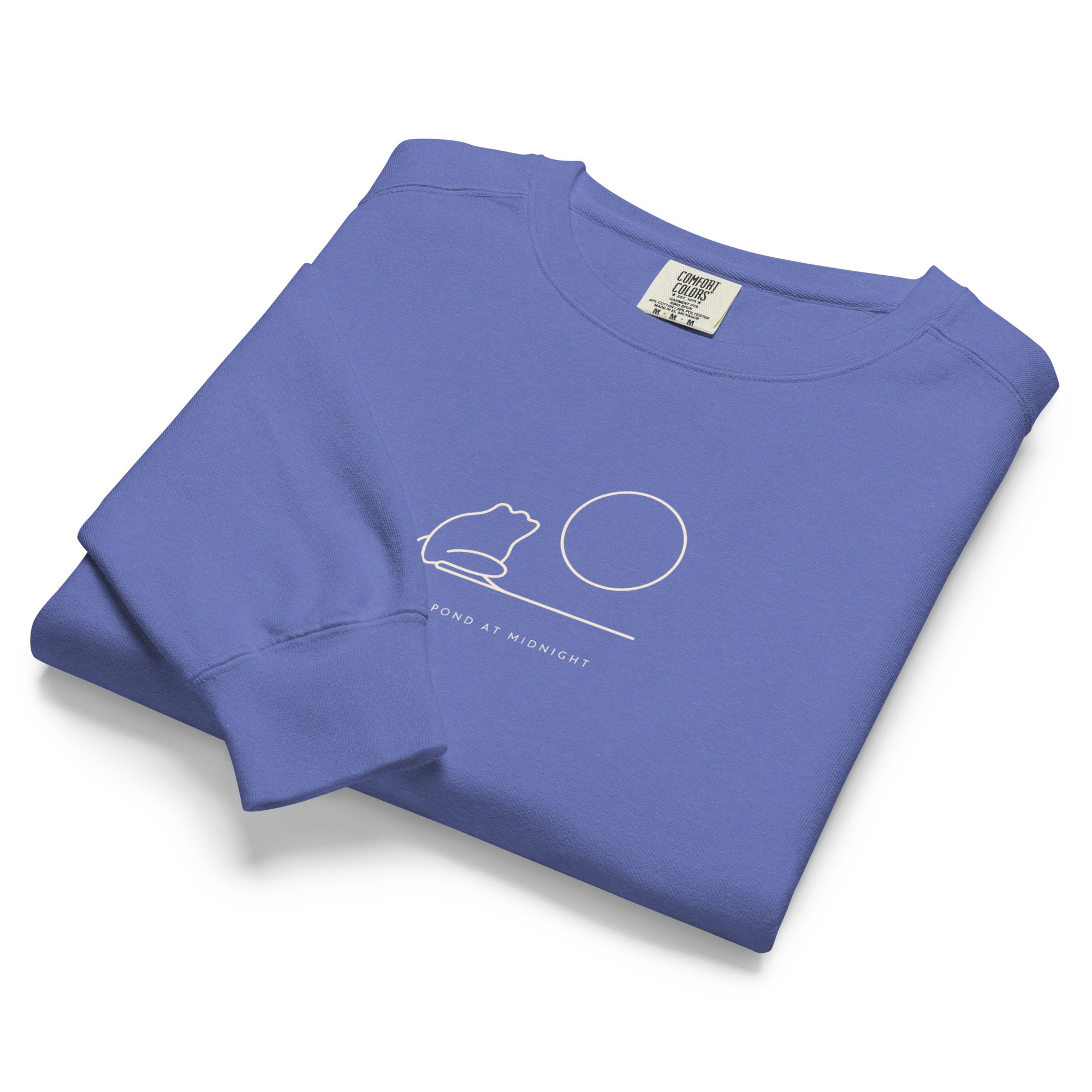 Frog and moon at a quiet pond design on a Flo Blue garment-dyed sweatshirt