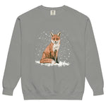 Red fox sitting in the snow design on a Grey garment-dyed sweatshirt