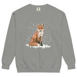 Red fox sitting in the snow design on a Grey garment-dyed sweatshirt