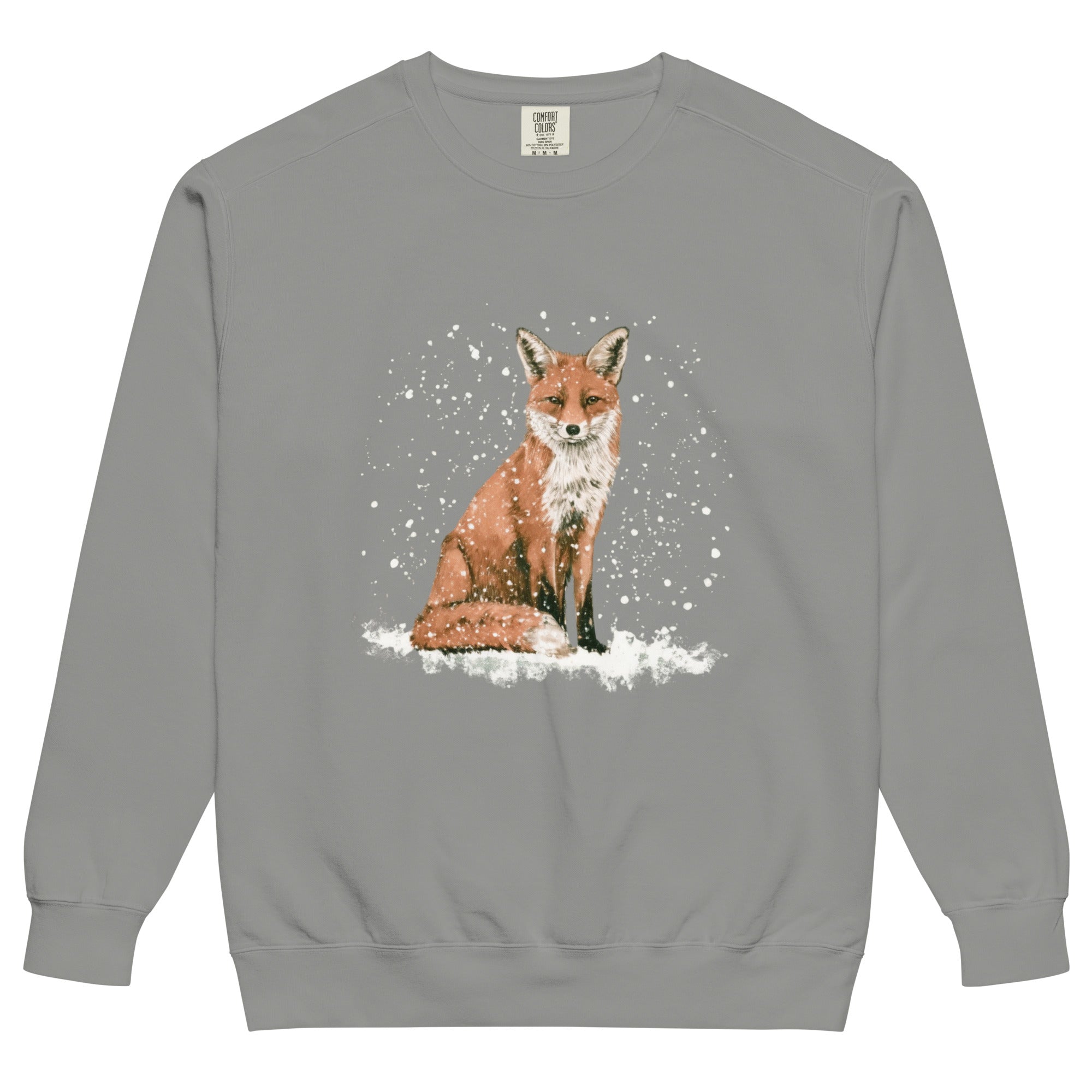 Red fox sitting in the snow design on a Grey garment-dyed sweatshirt
