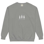 Three pine trees design on a Grey garment-dyed sweatshirt