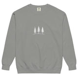 Three pine trees design on a Grey garment-dyed sweatshirt