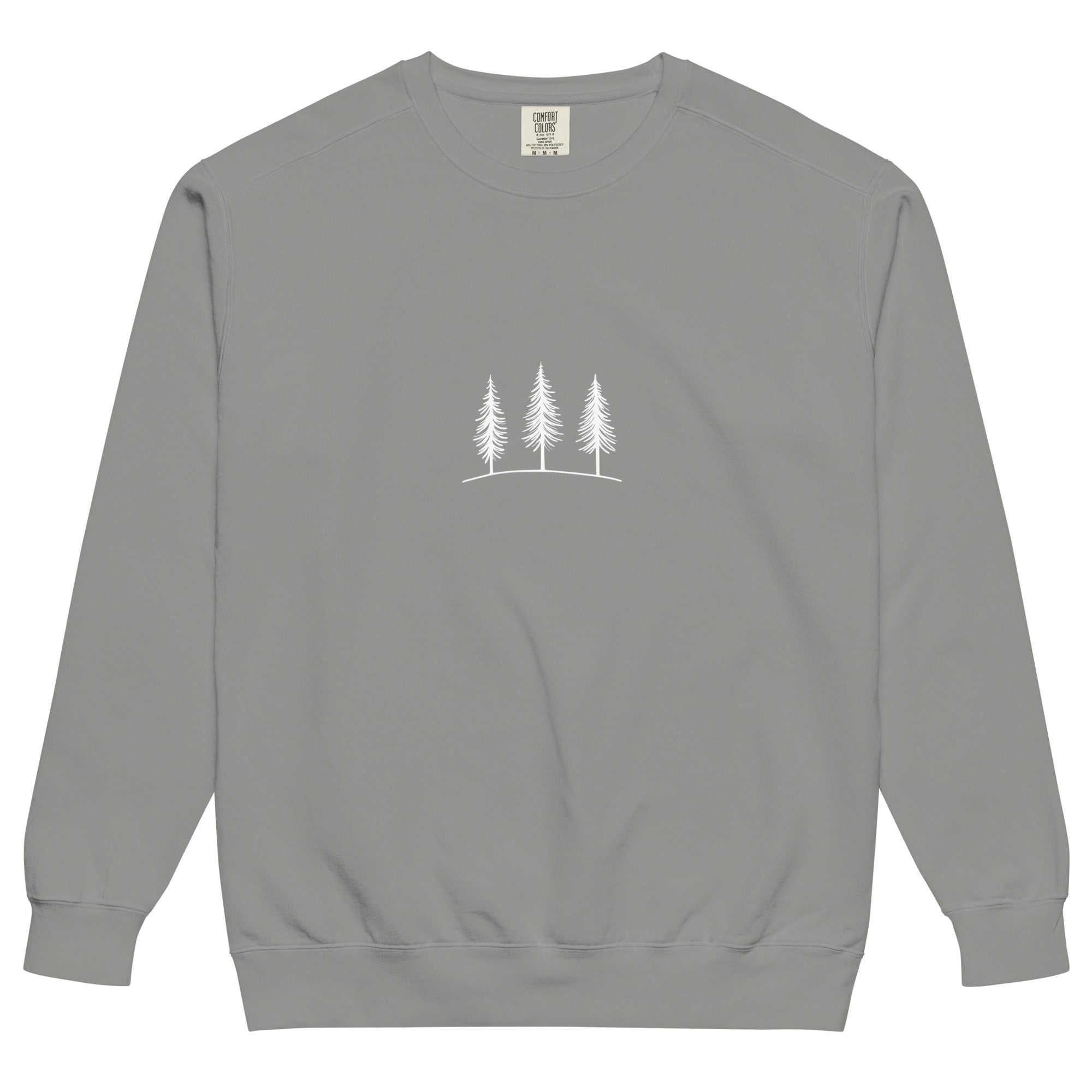 Three pine trees design on a Grey garment-dyed sweatshirt