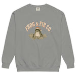Toad and ferns badge design on a Grey garment-dyed sweatshirt