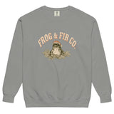 Toad and ferns badge design on a Grey garment-dyed sweatshirt