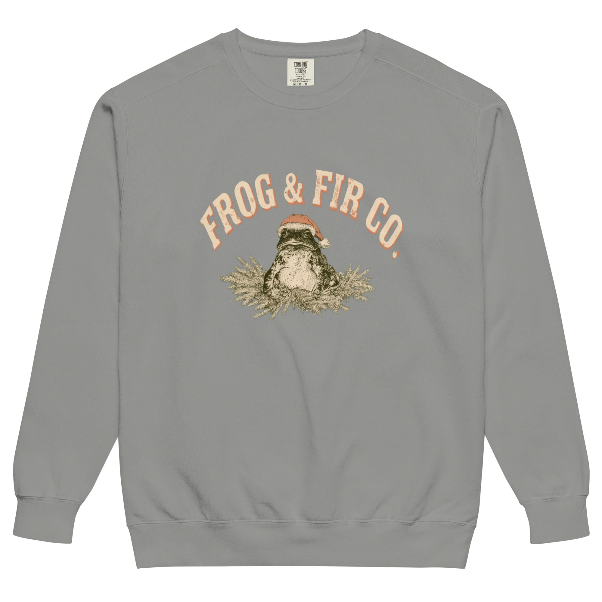 Toad and ferns badge design on a Grey garment-dyed sweatshirt