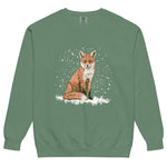 Red fox sitting in the snow design on a Light Green garment-dyed sweatshirt