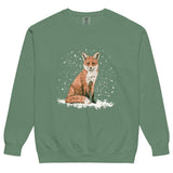 Red fox sitting in the snow design on a Light Green garment-dyed sweatshirt
