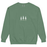 Three pine trees design on a Light Green garment-dyed sweatshirt