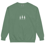 Three pine trees design on a Light Green garment-dyed sweatshirt