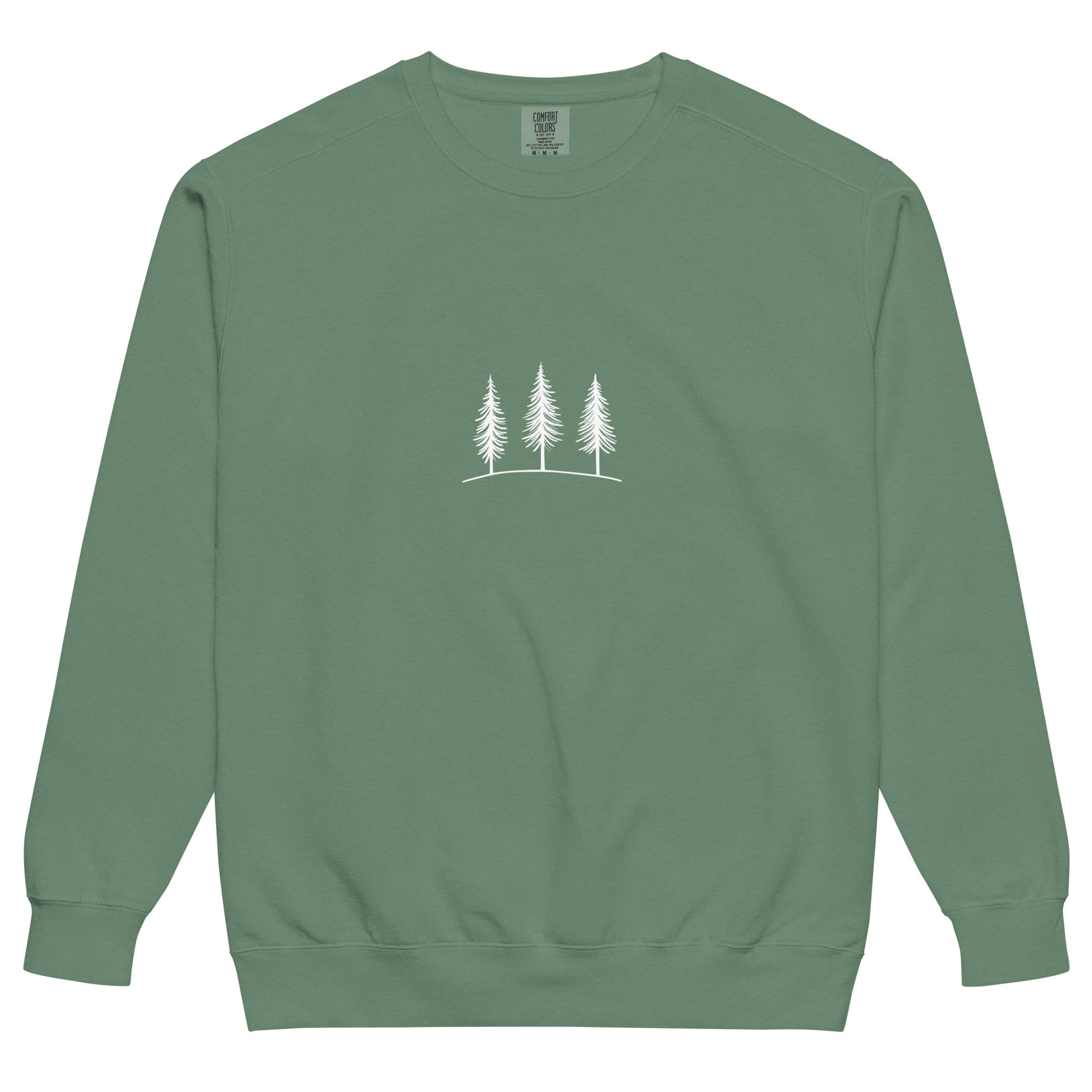 Three pine trees design on a Light Green garment-dyed sweatshirt