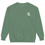 Snowman and Christmas tree design on a Light Green garment-dyed sweatshirt