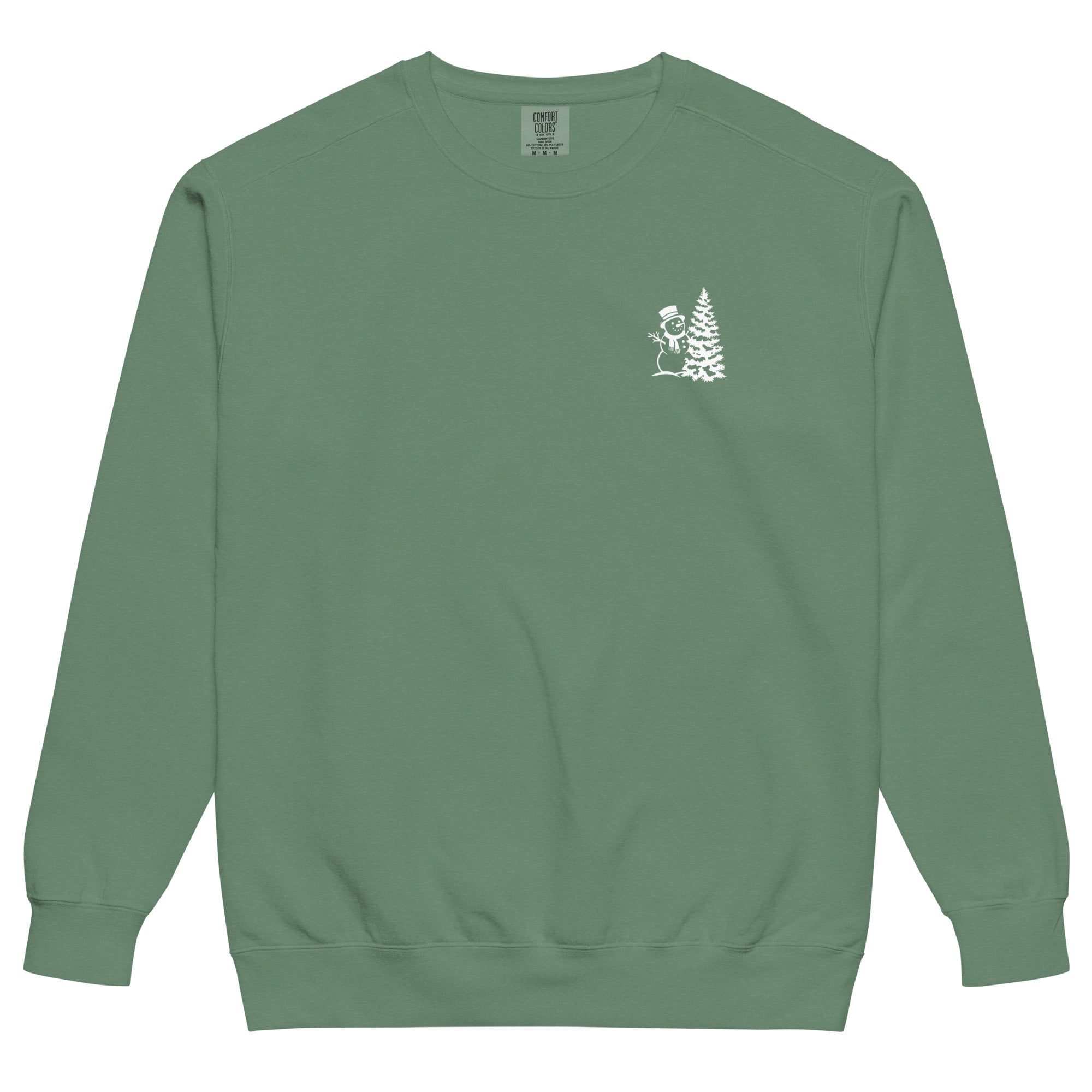 Snowman and Christmas tree design on a Light Green garment-dyed sweatshirt