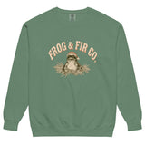 Toad and ferns badge design on a Light Green garment-dyed sweatshirt