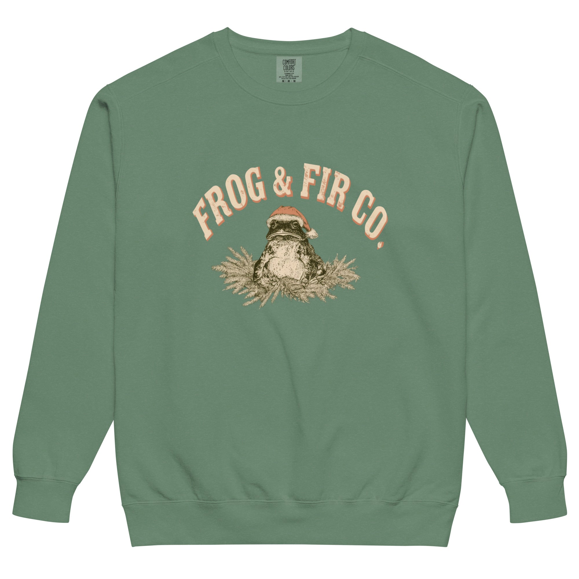 Toad and ferns badge design on a Light Green garment-dyed sweatshirt