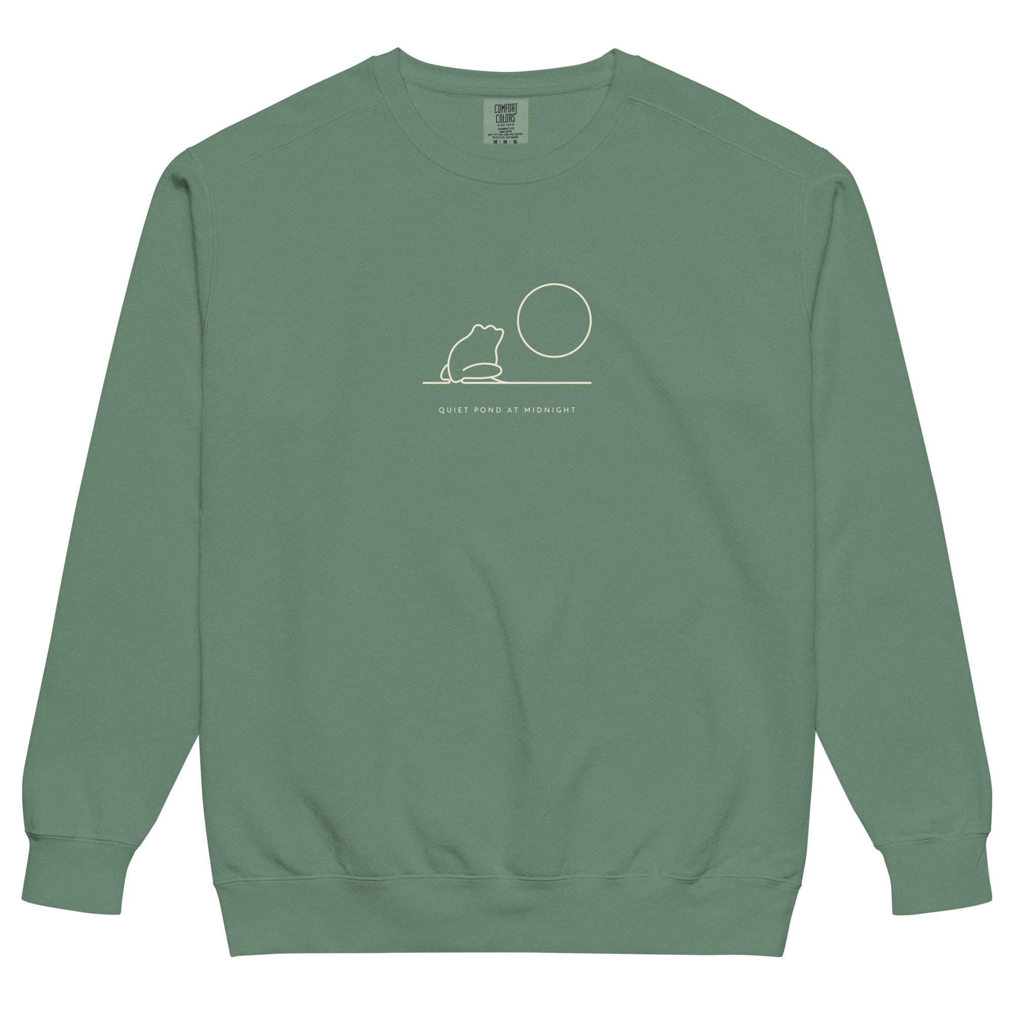 Frog and moon at a quiet pond design on a Light Green garment-dyed sweatshirt