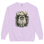 Raccoon in a Christmas wreath design on an Orchid garment-dyed sweatshirt