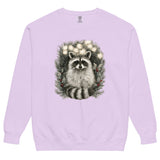 Raccoon in a Christmas wreath design on an Orchid garment-dyed sweatshirt