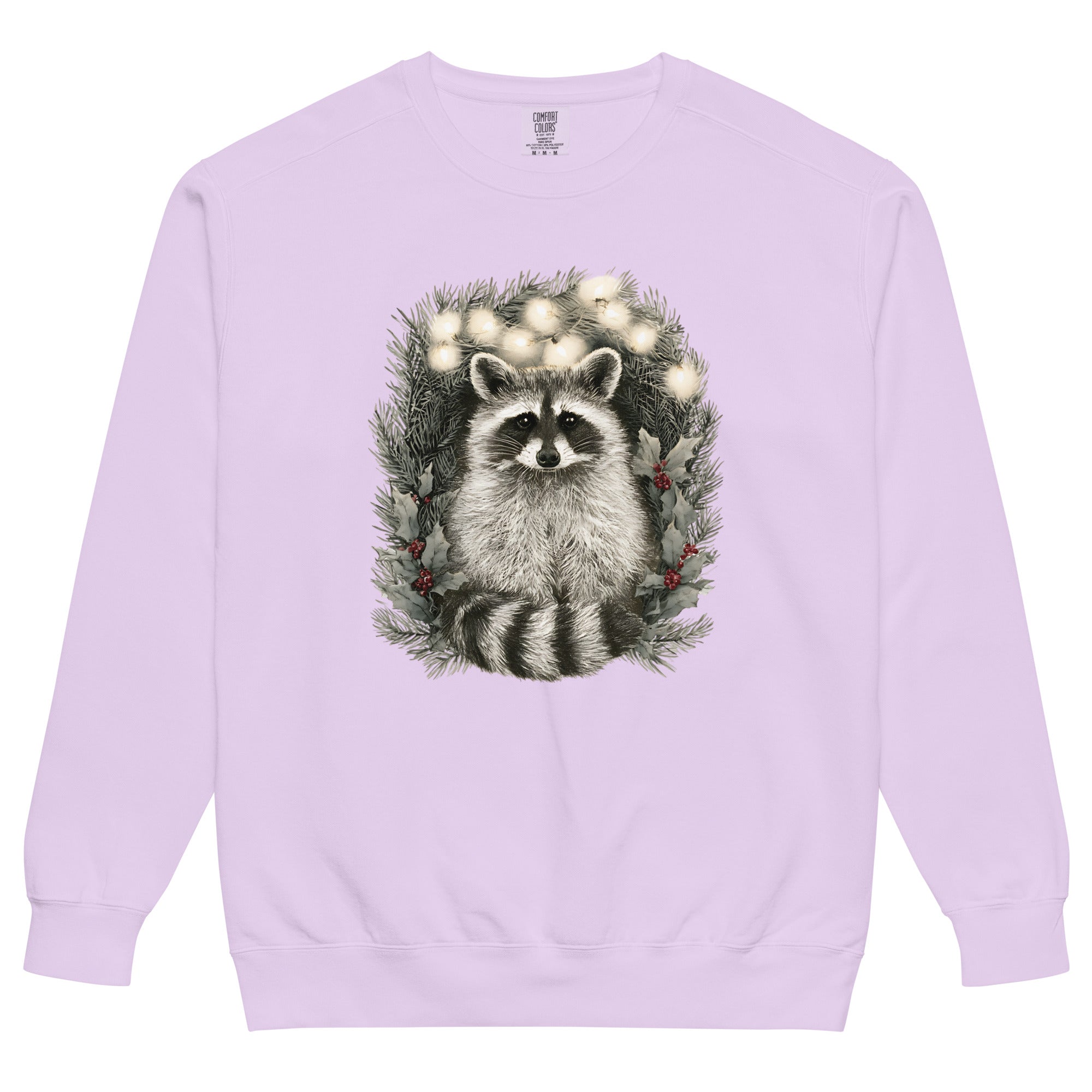 Raccoon in a Christmas wreath design on an Orchid garment-dyed sweatshirt