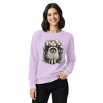 Raccoon in a Christmas wreath design on an Orchid garment-dyed sweatshirt