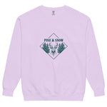 Stag emblem with pine and snow design on an Orchid garment-dyed sweatshirt