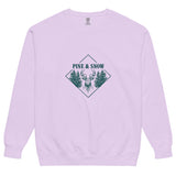 Stag emblem with pine and snow design on an Orchid garment-dyed sweatshirt